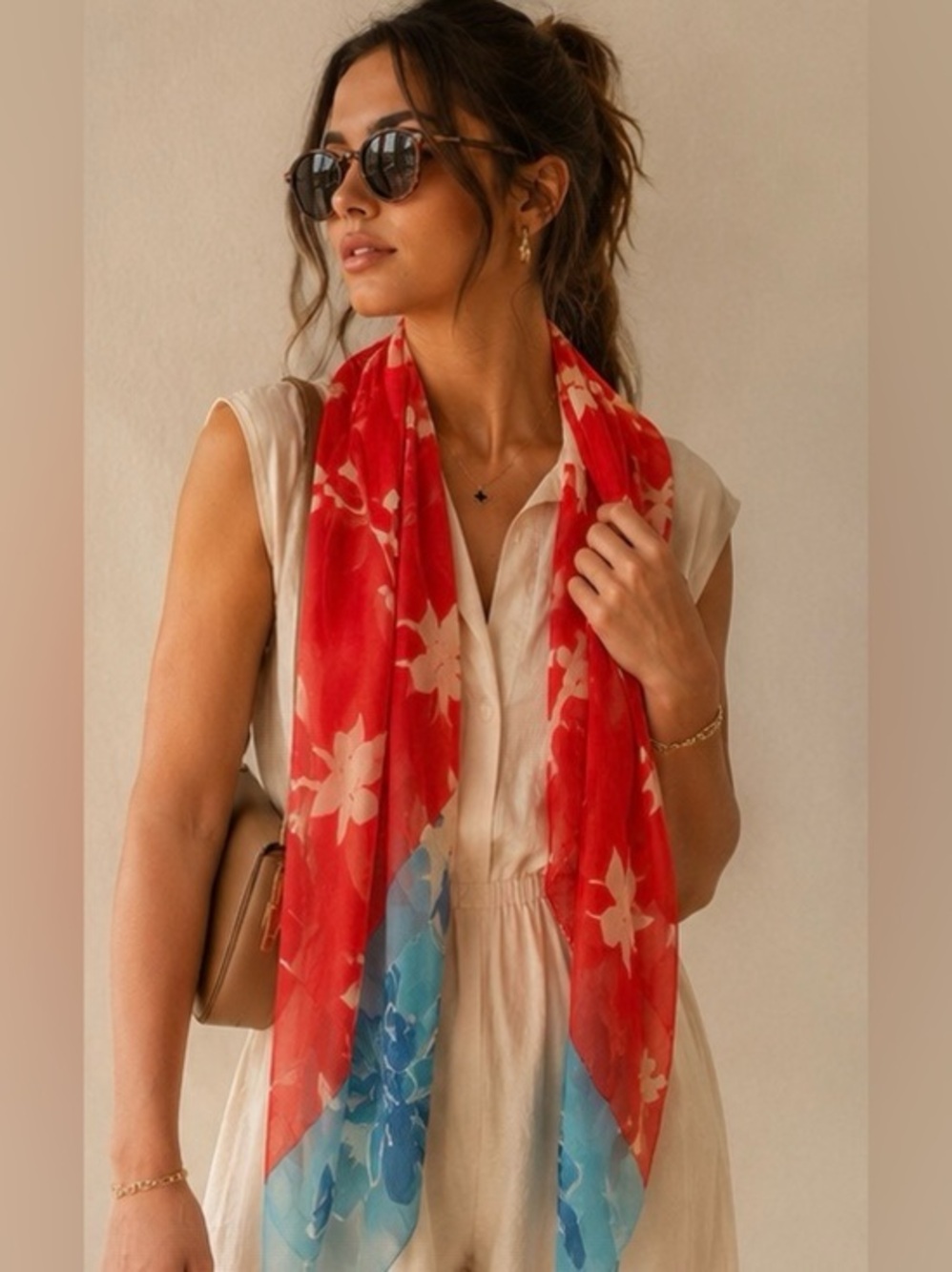 The Met Museum Exclusive 100% Silk Floral Scarf Red Blue Made in Japan Rare